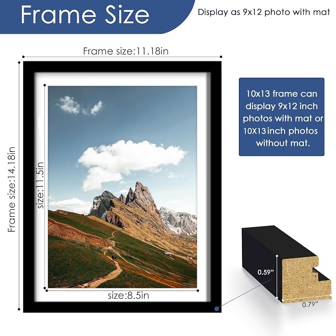 10x13 Picture Frame Set of 6, Wall or Tabletop Display, Black | Display Pictures 9x12 with Mat or 10x13 Without Mat, Horizontal or Vertical, Gallery Wall Frame Set, Wedding Birthday Gifts