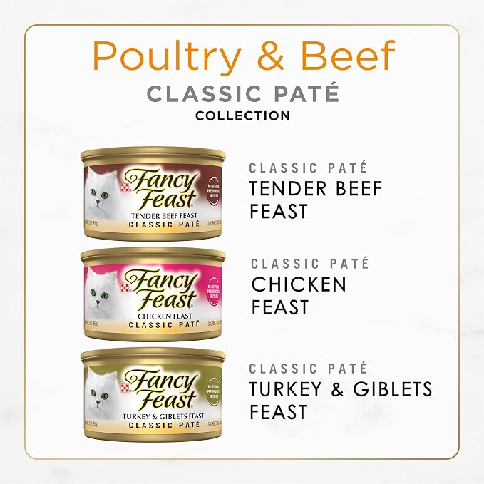 Fancy Feast Poultry and Beef Feast Classic Pate Collection Grain Free Wet Cat Food Variety Pack - 3 oz. Cans,(Pack of 60)