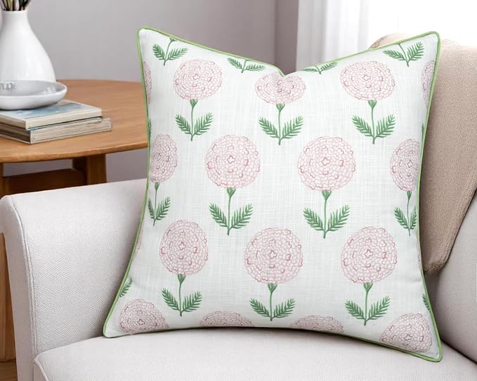 Marigold Floral Print 20x20 Throw Pillow Cover, Pink | Pink marigold floral on white slub, green piping; both sides printed; hidden zip; cover only