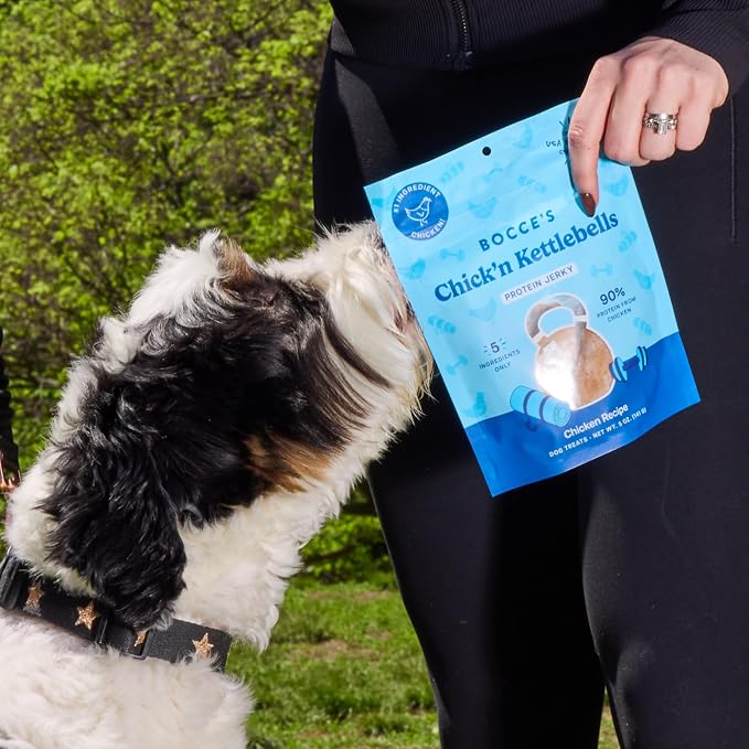 Bocce's Bakery Chick'n Kettlebells Protein Jerky Dog Treats, Chicken (5 oz) | High-Protein, Wheat-Free, Limited-Ingredient Treats with No Added Salt or Sugar - Baked in The USA