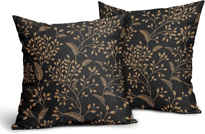 Boho Pillow Covers 18X18 Inch Set of 2 Black Gold Floral Leaves Decorative Pillow Cases Vintage Flower Leaf Cotton Linen Cushion Case Farmhouse Home Decor for Sofa Couch Porch Outdoor