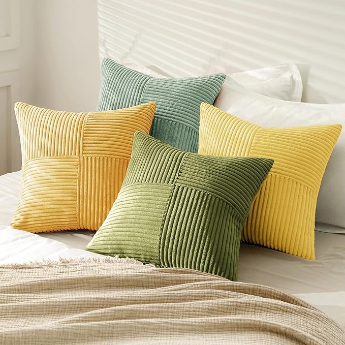 MIULEE Boho Farmhouse Spring Decorative Throw Pillow Covers 20x20 Inch 4 Packs Soft Vintage Pillow Cases Modern Corduroy Patchwork Cushion Covers for Couch Sofa Bed Summer Home Decor, Yellow Green