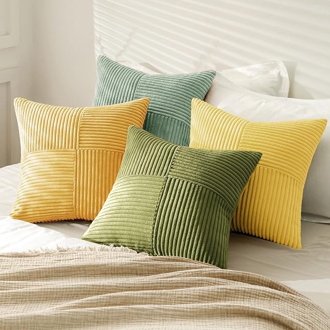 MIULEE Boho Farmhouse Spring Decorative Throw Pillow Covers 18x18 Inch 4 Packs Soft Vintage Pillow Cases Modern Corduroy Patchwork Cushion Covers for Couch Sofa Bed Summer Home Decor, Yellow Green