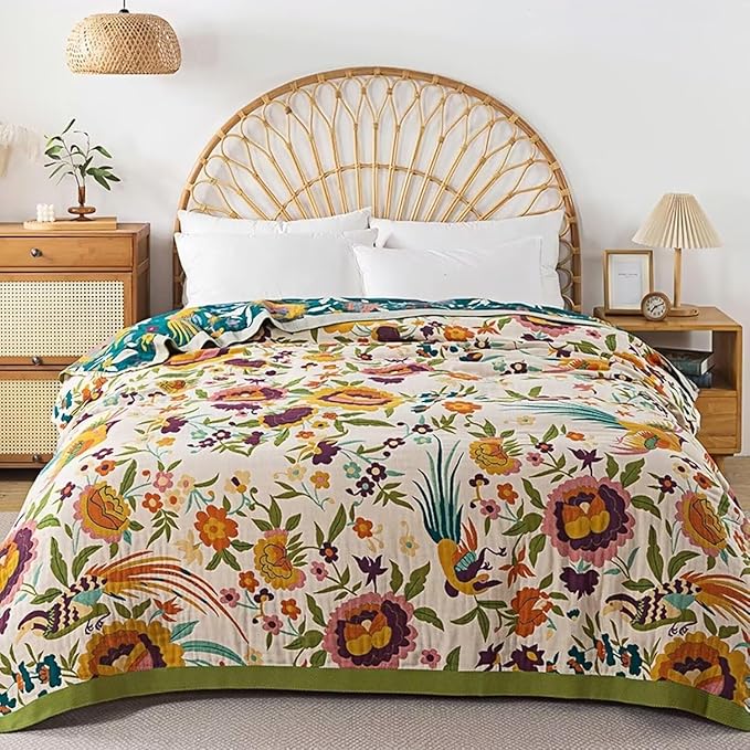 Boho Throw Blanket for Bed 100% Cotton Bohemian Blankets Ultra Soft Woven Muslin Decorative Blankets All Seasons Vintage Quilt Knitted Blanket for Sofa Chair(Beige, 60"x80")
