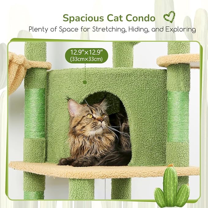 Globlazer Cactus Corner Cat Tree Tower with Scratching Post, C51, Green | 51in Space-Saving Multi-Level Green Cat Condo for Indoor Cats with Hammock, Large Top Perch for Large Cats, Cozy Cat Cave