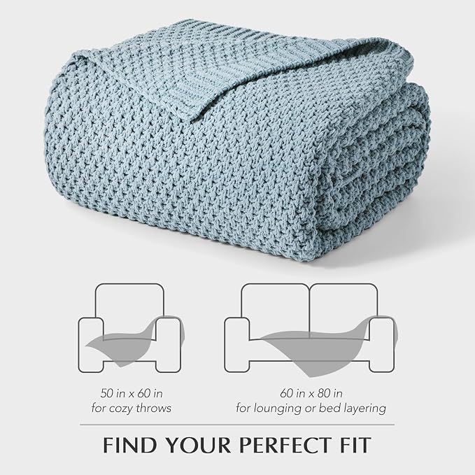 EVERGRACEHOME Chunky Chenille Knit Throw Blanket, 60 x 80, Chambray Blue | Sculpted Moss Stitch, Chic Modern Farmhouse, All-Season Warmth, OEKO-TEX® Certified, Elegant Blanket for Couch, Bed, Sofa