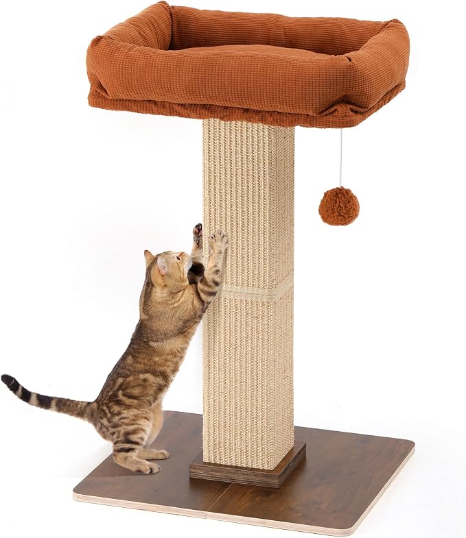FUKUMARU Retro-Style Cat Scratching Post with Perch for Indoor Adult Cats | 28.7" Elevated Tall Cat Bed, Solid Wood Large Cat Scratcher Tower with Bed, Aesthetic Cat Tree Furniture with Natural Sisal