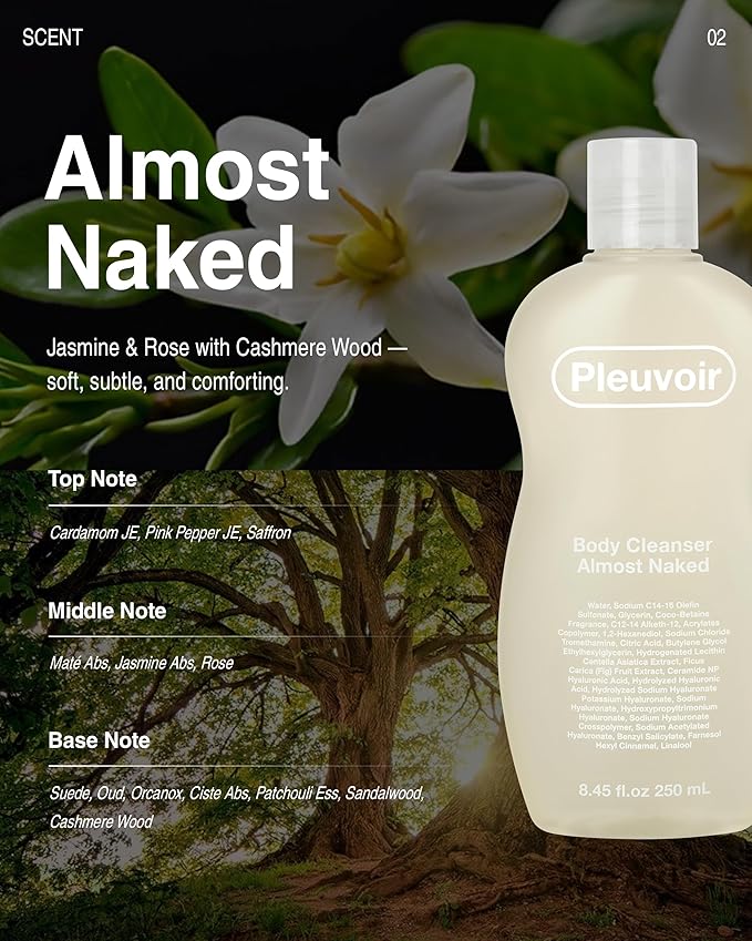 Pleuvoir Almost Naked Perfume Body Wash – Moisturizing Rich Foam (Skin Scent) | French MANE Jasmine Rose Cashmere | Multi-HA Complex, Ceramide | Unisex, Vegan K-Beauty, 8.45 fl.oz