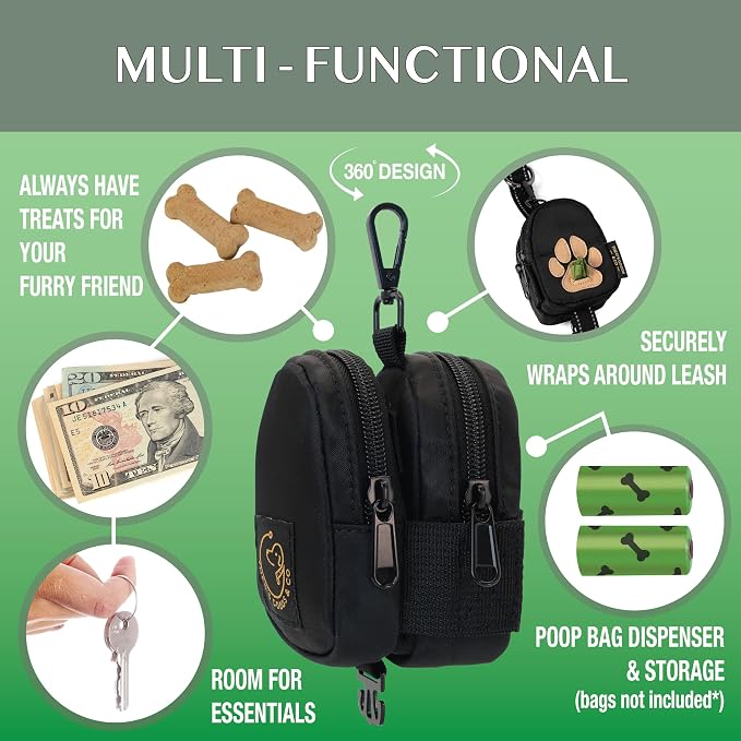 Dog Poop Bag Holder for Leash Dog Treat Pouch, Cute Premium Double Sided Bag Dispenser with Clip Attachment, Outdoor Training and Hiking, Hands Free for Dog Walking, THEO'S GOODS & CO.