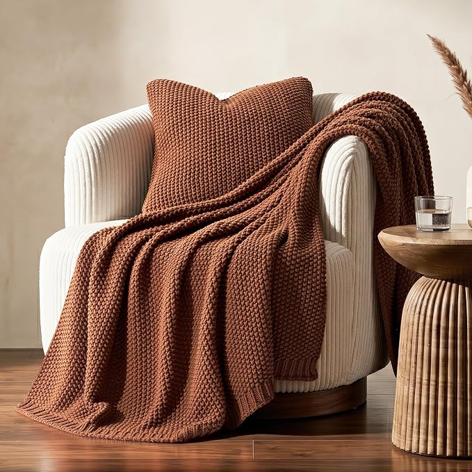Organic Cotton Chunky Knit Throw Blanket, 50 x 60 Terracotta | OCS Certified Organic Cotton, Seed Stitch Knit, Soft & Breathable, Cozy Midweight, Decorative Throw for Couch, Bed & Sofa