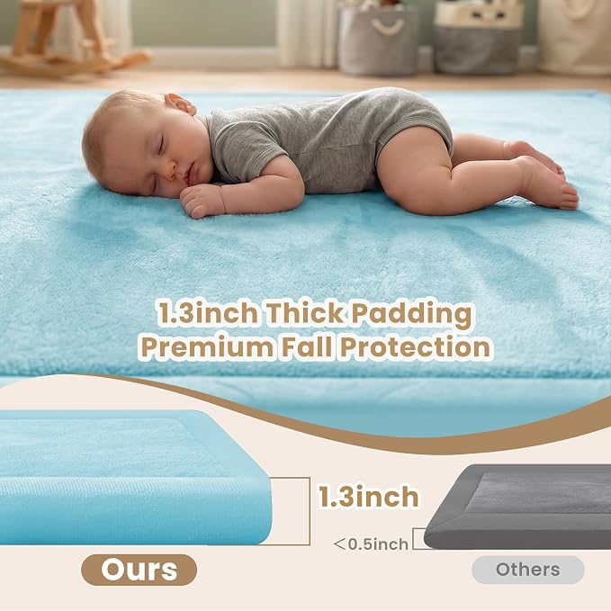 ACOMOPACK Baby Play Mat for Floor 1.3" Thick Memory Foam Play Mat 39"×59" Tummy Time Crawling with Non-slip Bottom for Living Room,Nursery,Soft Velvet Playpen Mats for Kids,Infants（Light Blue）