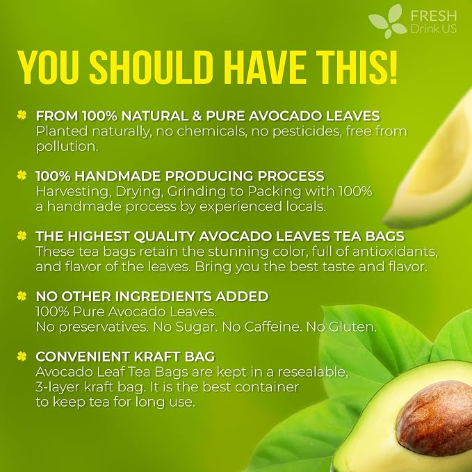 FreshDrinkUS, Avocado Leaf Tea Bags | 40 Count | Premium Dried Avocado Leaves Herbal Tea – Caffeine Free Botanical Tea – Fresh, Smooth & Earthy Flavor. Sugar Free. Vegan