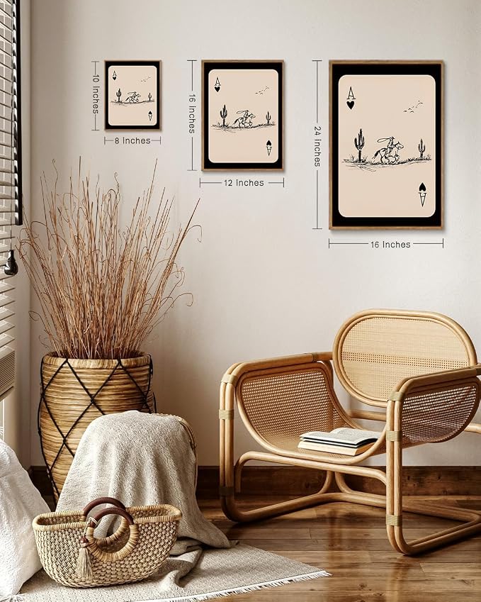 ZZLWBKGL Western Wall Decor Cowboy Poker Canvas Art Vintage Framed Wall Art | Cactus Artwork Mid Century Picture Southwest Farmhouse Paintings for Bedroom Living Room 12x16in