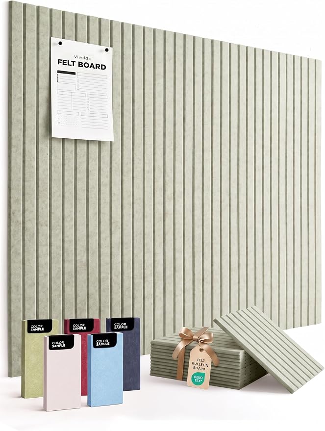 Large Felt Bulletin Board 48 x 36 Inch - 12-Pack Square Acoustic Wall Panels, Cork Board Alternative, NRC 0.95, Damage-Free Adhesive, Slatted Design for Home, Classroom (Sage)