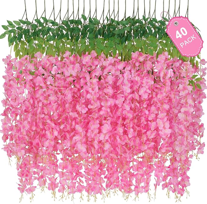 40 Pack Pink Wisteria Hanging Flowers, Fake Hanging Flowers for Decoration, Artificial Hanging Flowers,Vines for Bedroom,Flower Garland for Home,Party,Garden, Wall,Wedding Decoration(3.6 Ft/Pcs)