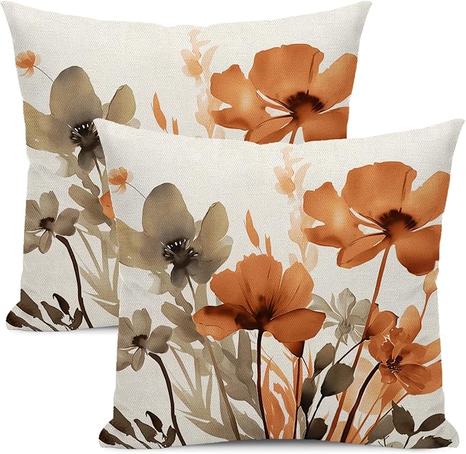Floral Pillow Covers 18x18 Inches Set of 2 Brown Orange Floral Throw Pillow Covers Outdoor Rustic Orange Flower Decoration Pillowcase Farmhouse Decorative Linen Cushion Cover For Home Sofa Couch