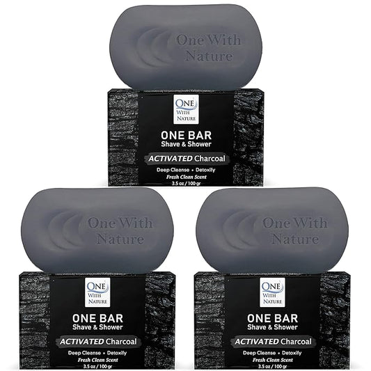 ONE Bar Activated Charcoal 3.5 oz 3 Pack - Shave, Shower, Shampoo, face, beard, body, hair/scalp, SuperFAT “oil” Infused: Avocado, Mango, Olive, Coconut, Argan, Moisturizing and Nourishing Oil.