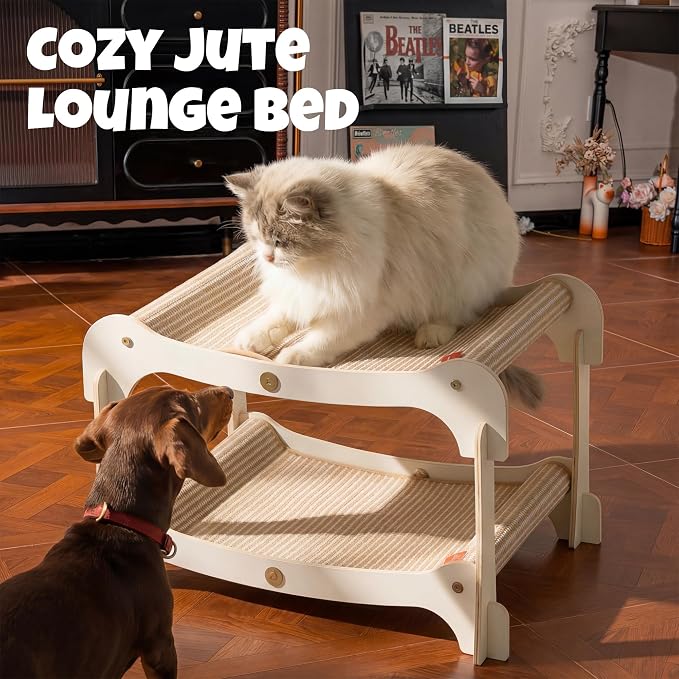 Cat Lounger, 2-Tier Wood Bed & Scratcher, Double Layer Cat Hammock Bunk Bed for Indoor Large Cats, Heavy Duty Multi-Cat Lounge Chair Furniture with Durable Jute Pads