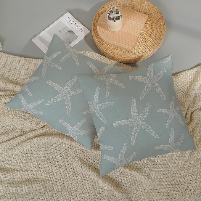 Seafoam Blue Starfish Pillow Covers 18x18 Inch Set of 2 Coastal Throw Pillows Summer Nautical Ocean Beach Theme Decorative Pillowcase Outdoor Farmhouse Decor Cushion Case for Home Bedroom