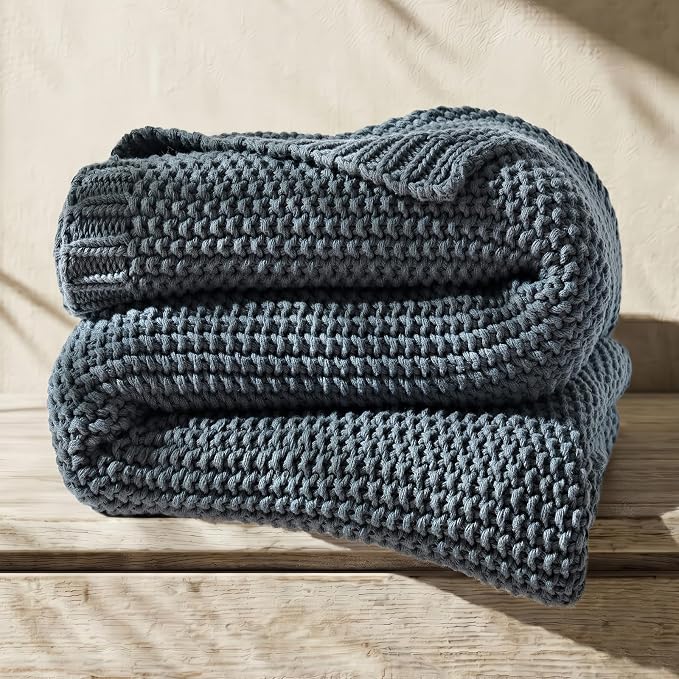 Organic Cotton Chunky Knit Throw Blanket, 50 x 60 Dusk Blue | OCS Certified Organic Cotton, Seed Stitch Knit, Soft & Breathable, Cozy Midweight, Decorative Throw for Couch, Bed & Sofa