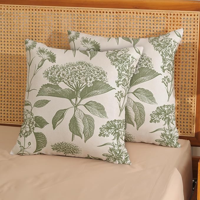 Floral Pillow Covers 16x16 Set of 2 Vintage Sage Green Hydrangea Herbs Botanical Throw Pillow Cover Outdoor Decoration Boho Flower Pillowcase Farmhouse Decorative Cushion Case for Couch Sofa