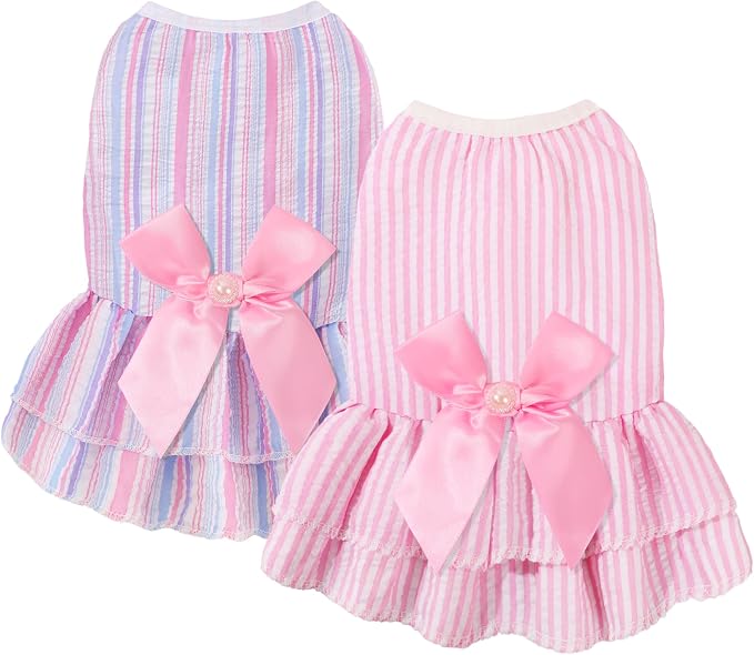 Dog Dress, Cute Pet Princess Dresses with Bright Color Design, Sweet Bowknot, Dog Clothes for Small Dogs Girl, Breathable & Lightweight, for Spring Summer, 2 Pack (Pink Purple, Large)