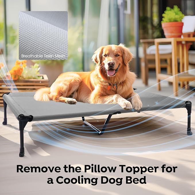 Veehoo Outdoor Elevated Dog Bed with Waterproof Bolster Cushion, Cooling | Raised Dog Bed with Removable & Washable Mat Topper, Breathable Mesh, Dog Couch Cot for Indoor Outdoor, 49", Large, Grey