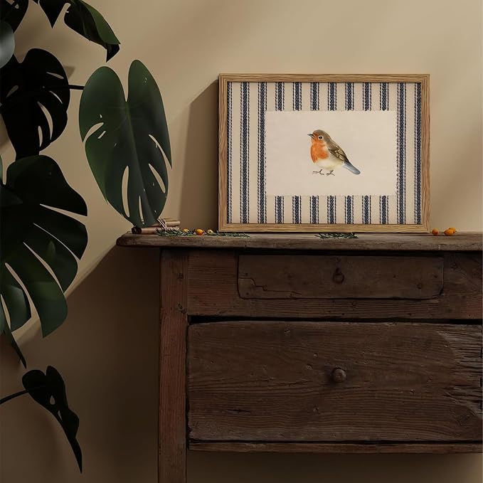 Framed Robin Bird Wall Art, Striped Nature Watercolor Canvas Print, Country Farmhouse Wall Decor, Vintage Cottagecore Animal Picture Artwork for Living Room Bedroom Bathroom 12x16 inch