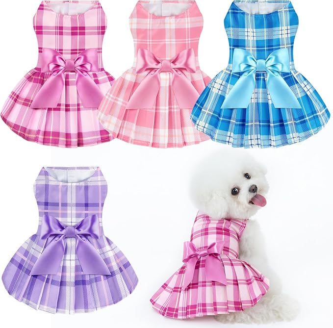 XPUDAC 4 Pack Plaid Dog Dress for Small Dog, Sweet Bowknot Cute Puppy Dress Pet Princess Clothes for Birthday Holiday Spring Summer Pet Outfits Girl Pink Purple, S