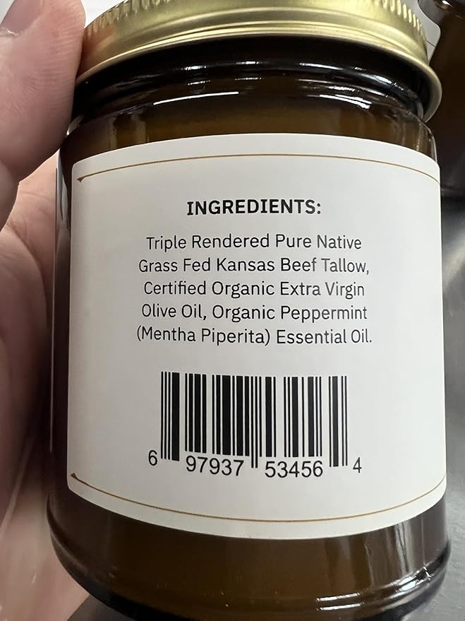 Grass Fed Beef Tallow Balm - 8 oz - Made in USA - Organic Grass Fed and Finished - Moisturizing Skin Care Peppermint