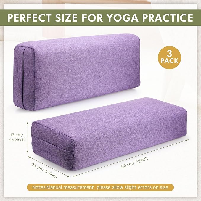 Suzile 3 Pack Yoga Bolster Pillow for Restorative 25" x 9" x 5" Meditation Pillow Rectangular Lightweight Yoga Pillow Cushion with Handle, Washable Cover Yoga Accessories