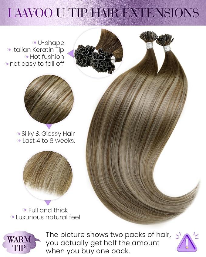 LaaVoo U Tip Hair Extensions Human Hair Dark Brown Ombre Light Brown Mix Blonde Ktip Human Hair Extensions 14 Inch 50g 50s