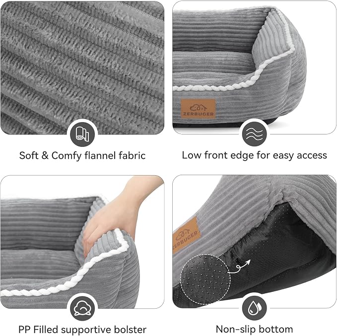 Zerbuger 20in Grey Rectangle Cat Dog Bed Machine Washable Sleeping Sofa | for Large Medium Small Pets Indoor Outdoor, Non-Slip Bottom Soft Puppy Bed Durable Orthopedic Calming Pet Cuddler