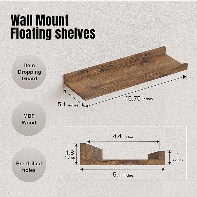 RICHER HOUSE 3-Set Floating Shelves with Lip, Brown Small Wall Shelf, 16In | Display Picture Ledge Shelf, Anti-drop lip Shelf for Room Wall Decor, Bedroom Bathroom Storage Nursery Books, Easy Setup,Wood