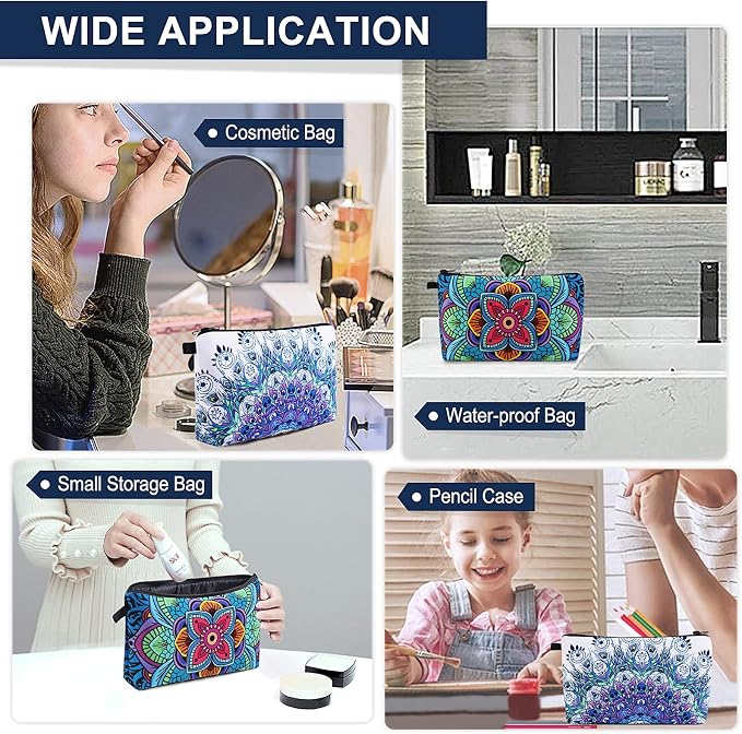 MAGEFY Makeup Bag, 2 Styles Travel Cosmetic Bag for Women Cosmetic pouch Elegant Blue Patterns Zipper Pouch Waterproof Makeup Pouch Cute (2 Packs, Peacock feather + Mandala pattern 0179)