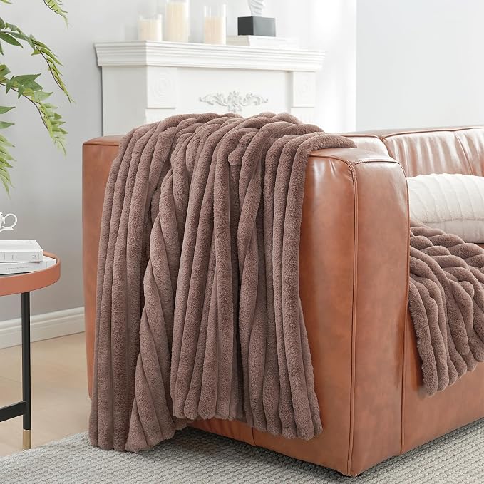 Faux Fur Throw Blanket for Couch, Cozy Fuzzy Fluffy Fur Luxurious Soft Striped Plush Gift Blankets for Family Sofa Chair Bedroom, 55"x70", Light Coffee
