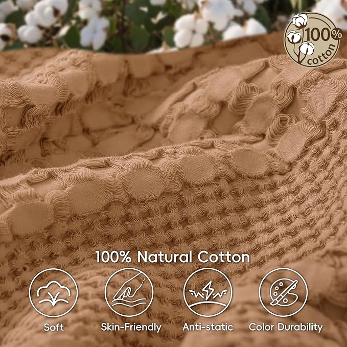 PHF 100% Cotton Waffle Weave Blanket Queen Size, Lightweight Breathable Summer Blanket for Hot Sleepers, Pre-Washed Soft Layer for Bed, Couch, Aesthetic Home Decor & Gift, 90"x90", Clay