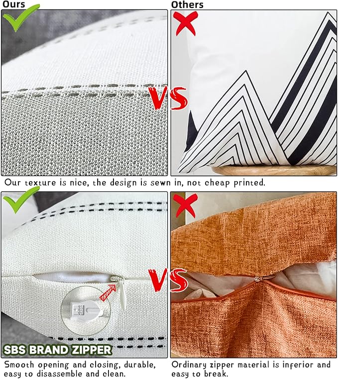 Pack of 2 Farmhouse Stripe Check Throw Pillow Covers Set Case Cotton Linen Decorative Pillowcases Cushion Cover for Couch Bench Sofa 26x26Inch Cream