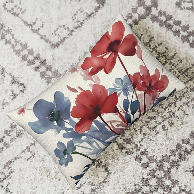 Floral Pillow Covers 12x20 Inches Set of 2 Independence Day Blue Red Floral Throw Pillow Covers Outdoor Spring Summer Flower Pillowcase Farmhouse Decorative Lumbar Cushion Cover for Home Sofa