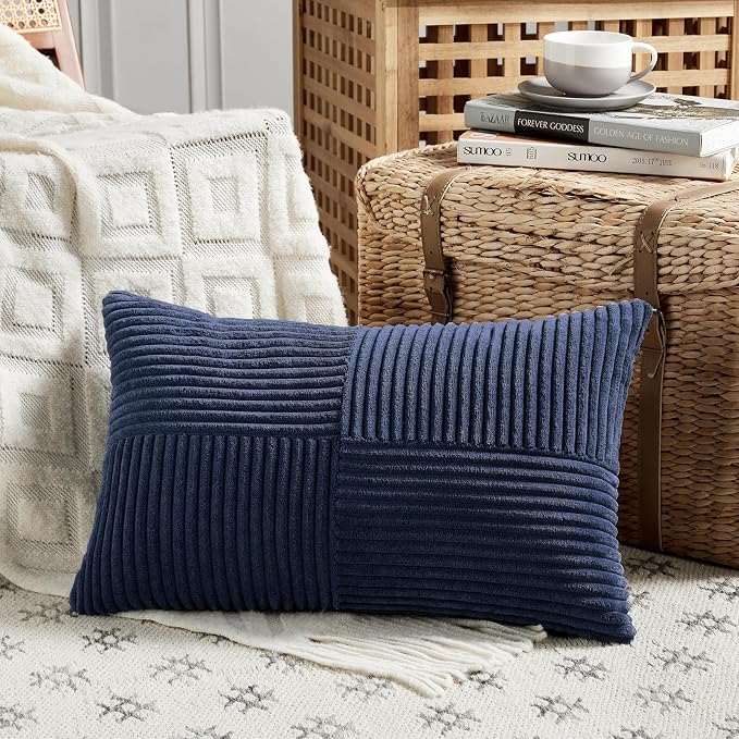 Fancy Homi Navy Blue Lumbar Decorative Throw Pillow Covers 16x32 Inch for Living Room Couch, Rustic Farmhouse Boho Home Decor, Soft Striped Corduroy Rectangle Accent Cushion Case 40x80 cm
