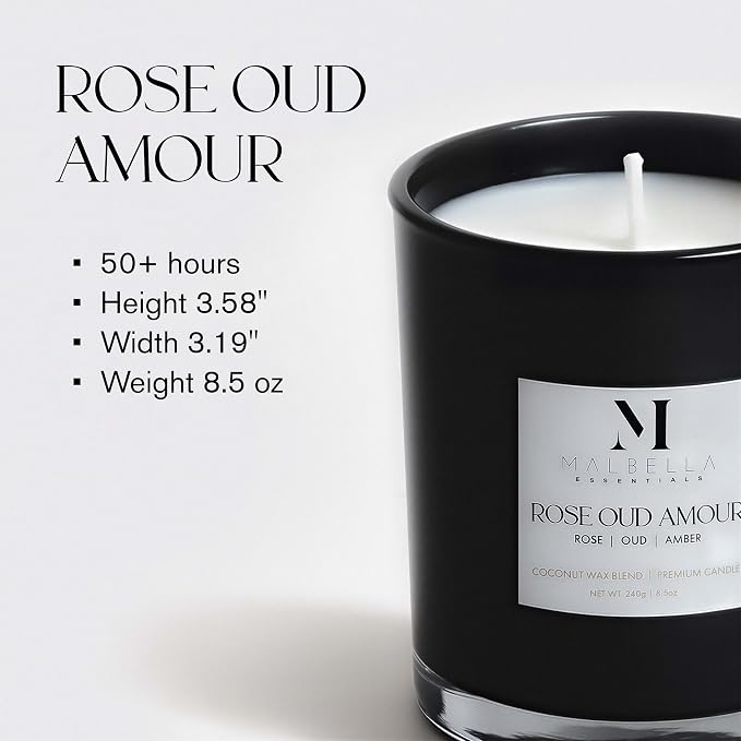 Candle & Warmer Set – 8.5 oz Coconut Blend Luxury Candle + Hand Blown Glass Lamp Warmer | Modern Self-Care Gift Set (Nickel, Rose Oud)