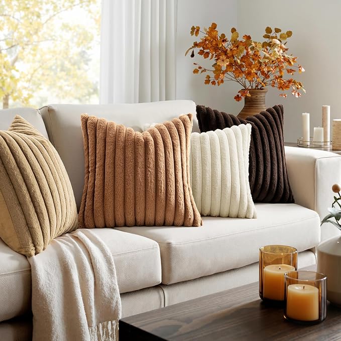 MIULEE Faux Fur Plush Decorative Throw Pillow Covers 18x18, Brown | Set of 4, Fall, Striped, Soft Boho Farmhouse Rustic Home Decor, Cushion Cases for Sofa Couch Bed Living Room