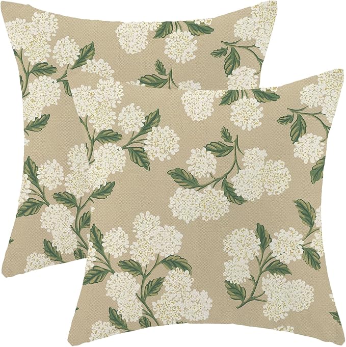 AEIOAE Spring Pillow Covers 18x18 Inch Set of 2, Beige Green Hydrangea Flower Throw Pillows Case,Floral Summer Outdoor Seasonal Decorative Farmhouse Decor Cushion Covers for Home Sofa Bed Couch