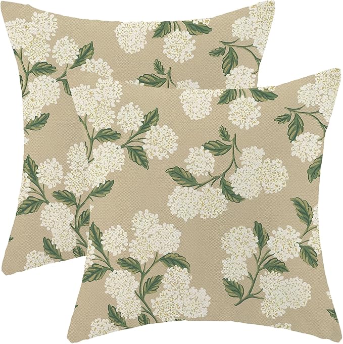 AEIOAE Spring Pillow Covers 24x24 Inch Set of 2, Beige Green Hydrangea Flower Throw Pillows Case,Floral Summer Outdoor Seasonal Decorative Farmhouse Decor Cushion Covers for Home Sofa Bed Couch