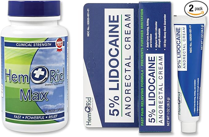 HemRid Max and Maximum Strength Lidocaine Cream - Hemorrhoid Relief Bundle for Fast Internal & External Support - Hemorrhoid Pills & Hemorrhoidal Lidocaine Cream for Rapid Comfort & Soothing Care