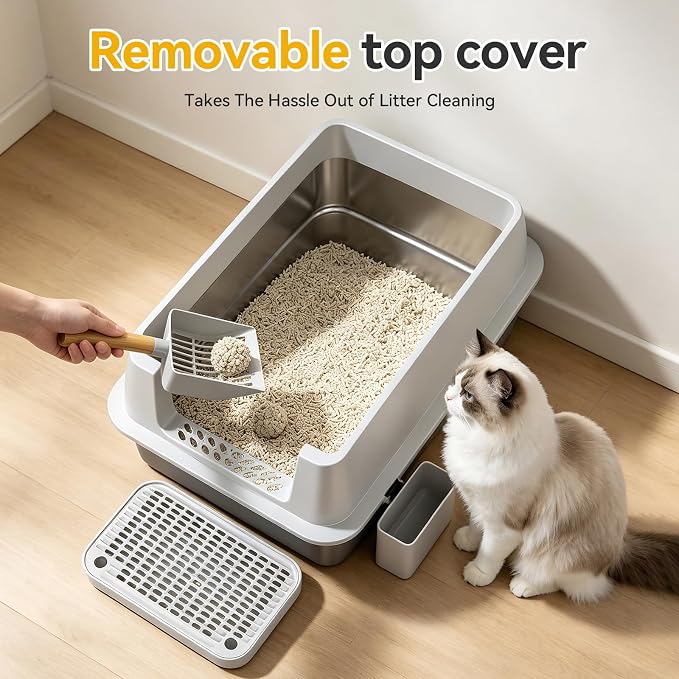 XL Enclosed Stainless Steel Litter Box with Lid, Light Gray | covered, High Sided, Rustproof & Leak Proof, Easy Clean, Odor Control, Includes Scoop & Step