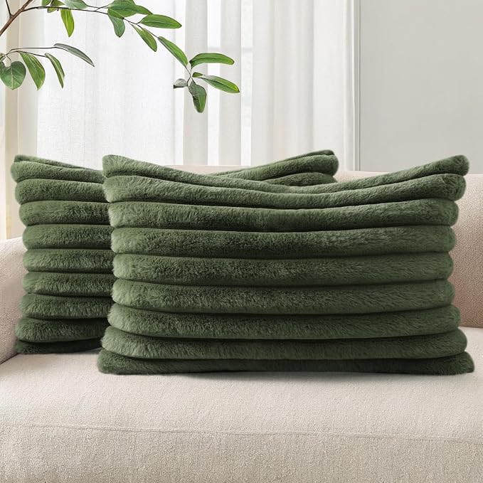 Pallene Faux Fur Decorative Throw Pillow Covers 12x20 Set of 2, Olive Green | Luxury Plush Texture, Striped Design, Cozy Soft Touch, Modern Home Accent Decor for Couch, Sofa, Bed, Living Room