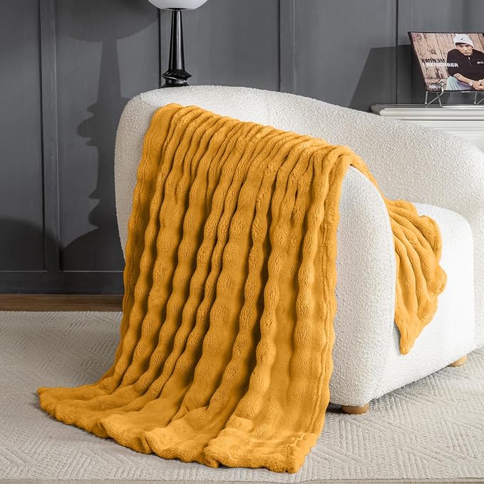 Yellow Throw Blanket for Couch, Soft Fluffy Bubble for Bed Sofa, Thick Warm Plush Fuzzy Rabbit Fur Blanket for Neutral Home Decor, 50"X 60"