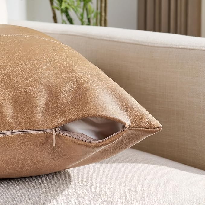 Fancy Homi Tan Long Lumbar Waterproof Faux Leather Decorative Throw Pillow Covers 16x24 Inch for Living Room Couch Bed, Beige Hand Stitched Cushion Case 40x60 cm, Taupe Modern Farmhouse Home Decor