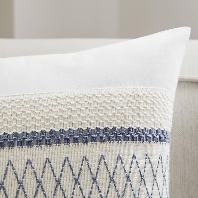 2pk Boho Pillow Covers 16x16, Natural White/Grid/Blue | 100% Organic Cotton Body, Stripe Embroidery, Farmhouse Decorative Cushion Covers for Sofa Bed Living Room Home Decor